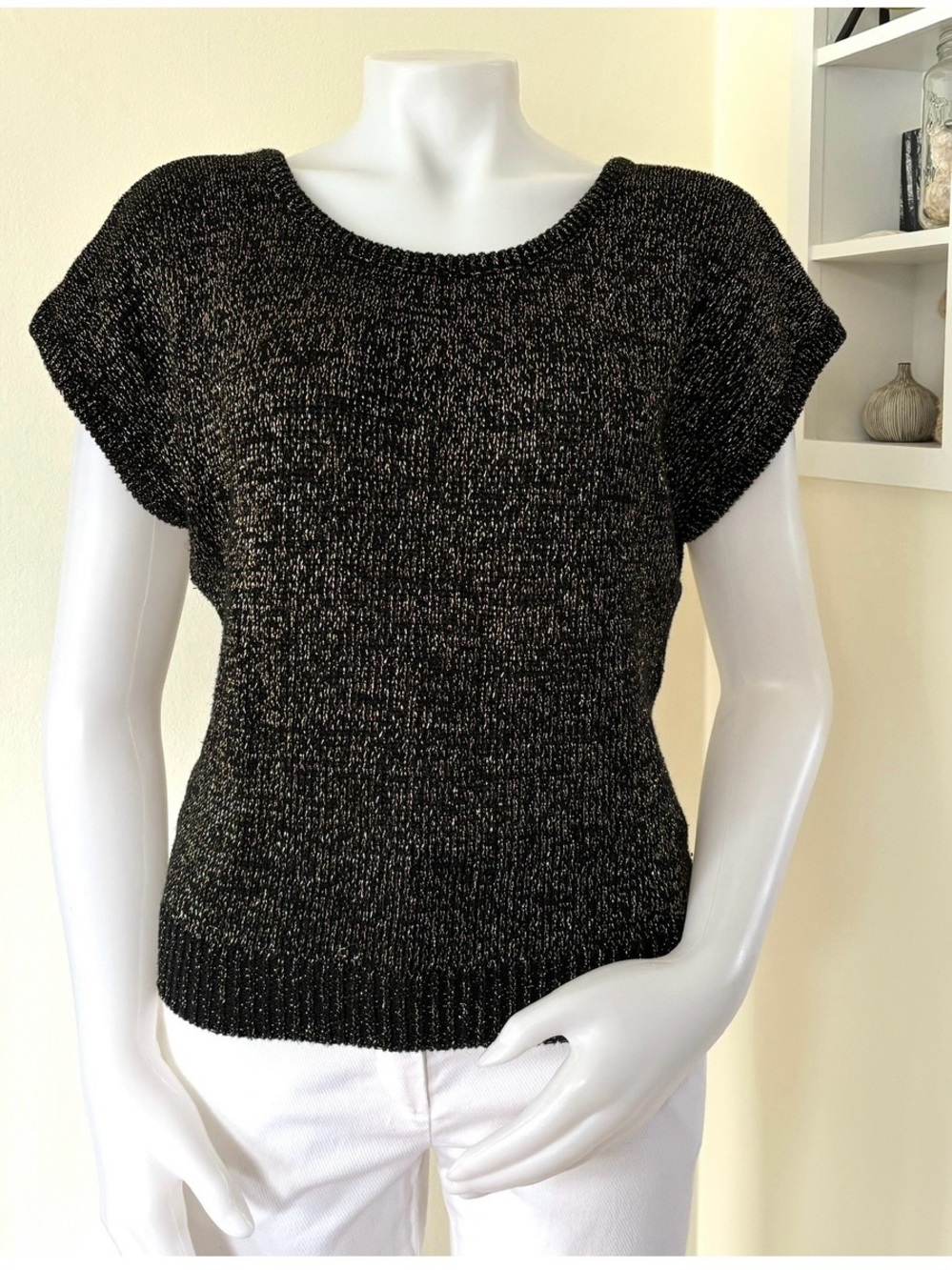 Vintage black with gold metallic thread knit boxy short sleeve sweater top